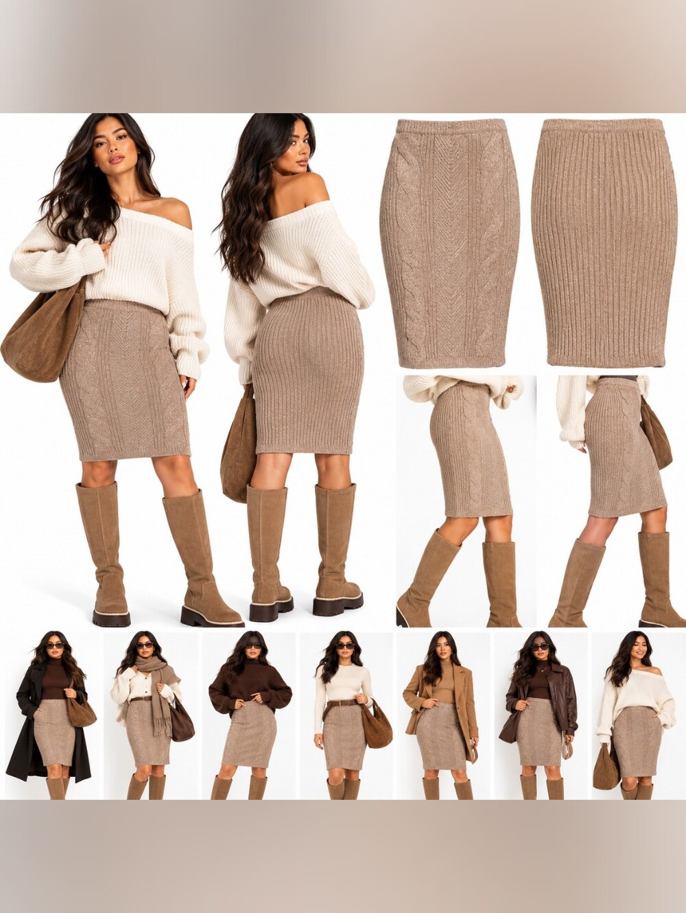 NWT Express Conscious Edit Cable Knit Pencil Skirt Taupe Brown Fall Winter Ribbe